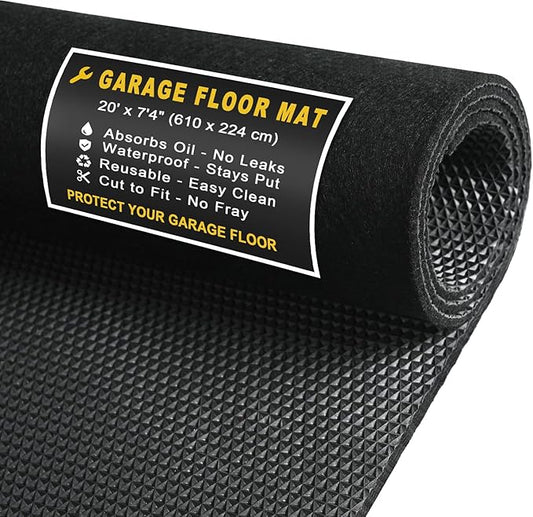 20' x 7'4" Garage Floor Mats - All-Weather Garage Floor Mats for Under Car, Absorbent Oil Spill Mat, Anti-Slip Garage Carpet, Reusable Garage Mats with Waterproof Backing, Garage Car Mat & Floor Mat