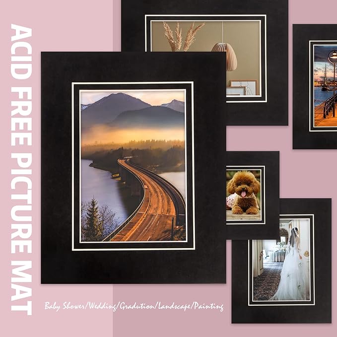 HOTUO 10 Pack Acid Free Black Picture Frame Mats, Pre-Cut 8x10 Picture Mats with Ivory Core Bevel Cut for 5x7 Photo, Signature Friendly 4 Ply Thickness Photo Mat for Frames (Black with V-Groove)