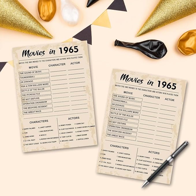 60th Birthday Party Games, Movies in 1965 Games, Birthday Party Supplies for Adults, Fun 1965s Party Game，Pack of 30 Cards