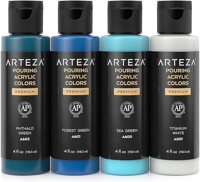 ARTEZA Acrylic Pouring Paint Set of 4 Colors, 4 ounce Bottles, Aqua Tones, High-Flow Acrylic Paint, Pouring Art Supplies Canvas, Glass, Paper, Wood