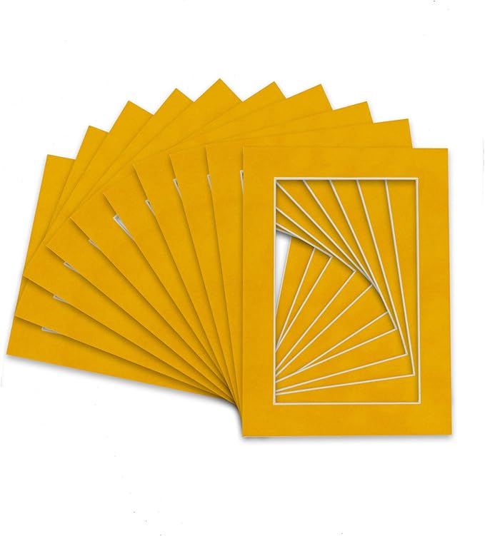 Pack of 25 Acid Free 8x10 Mats Bevel Cut for 6x8 Photos - Bright Yellow Precut Matboards With Backing Boards and Clear Photo Mat Bags For Pictures, Photos, Framing - 4-ply Thickness
