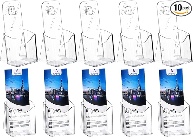 Acrylic Brochure Holder 4x9 Inch, Clear Pamphlet Holder Display Stand for Trifold 4 Inch Flyers, Booklets, Table Signs, Plastic Rack Card Holder for Office, Home, Store, 10 Pack