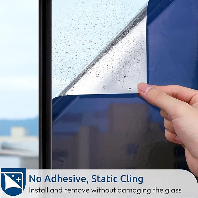 rabbitgoo Window Privacy Film One Way Window Tint for Home, Removable Reflective Heat Sun Blocking Anti UV Glass Door Covering, Mirror Tinting Film House Office, 35.4 in X 16.4 Feet, Blue Silver