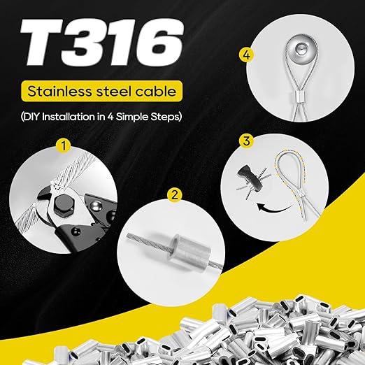 316 Stainless Steel Cable, 600FT 1/32IN Wire Rope 7 * 7 Strand with 150Pcs Aluminum Sleeves Stops, Guide Wire for Outdoor String Lights for String Lights Hanging, Clotheslines, Trellis (600FT)
