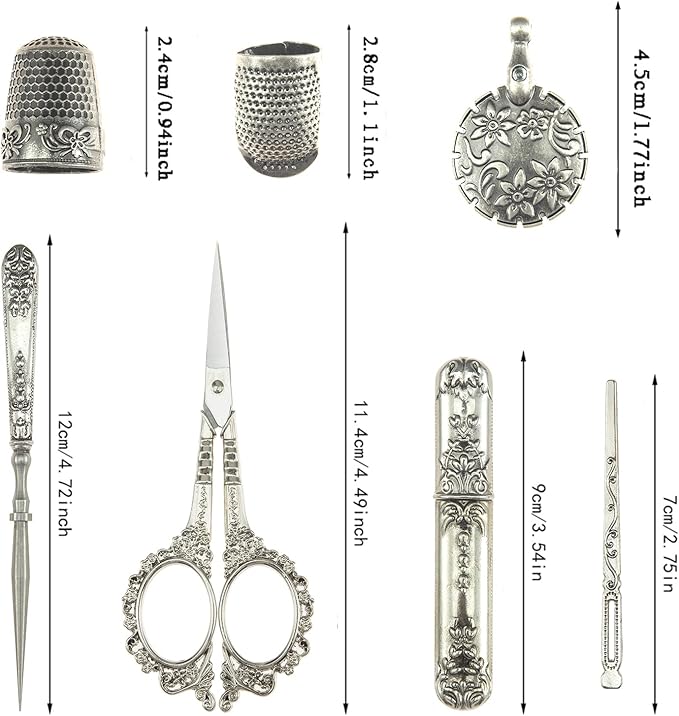 Vintage Embroidery Scissors Set, European Style Stainless Steel Sewing Tools for Sewing, Craft, Art Work, Needlework, Silver