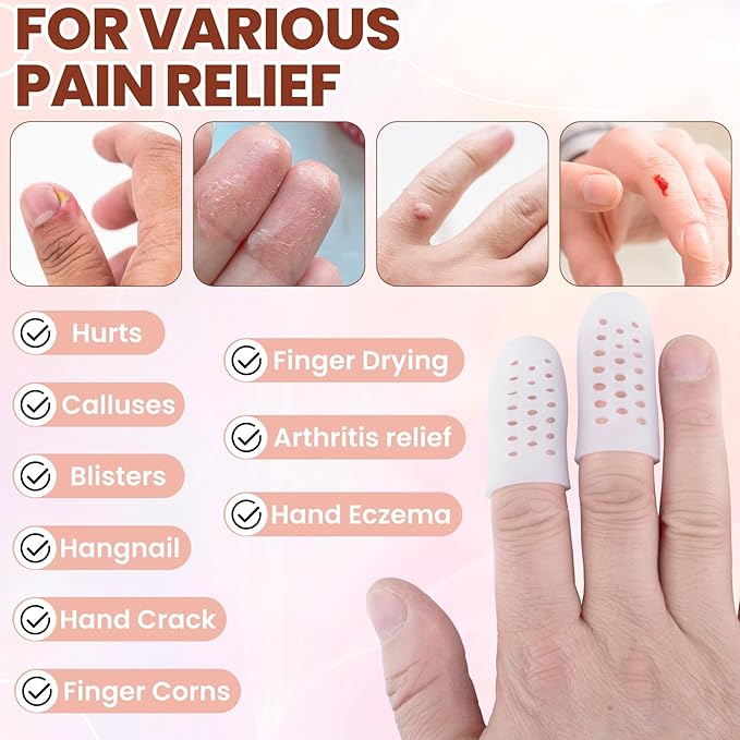 PAGOW 10pcs Gel Finger Cots/Covers, Silicone Finger Protector Support, Finger Caps Finger Sleeves Thumb Protector for Finger Cracking Trigger Finger Arthritis Pain Relief (White, Small)