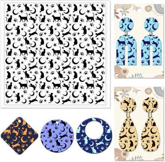 CHGCRAFT Cat Polymer Clay Texture Sheets Moon Stars Texture Stamp Sheets Silicone Texture Stamp Clay Texture Mat Texture Sheets for Polymer Clay Jewelry and Clay Earrings Tools