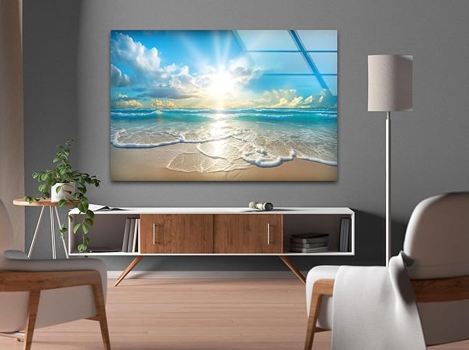 My Photostation.com 35.5Wx30H'' Beautiful Sunset & Ocean Glass Wall ArtTempered Glass Printing Wall Decor Large Wall Art Wall Hangings