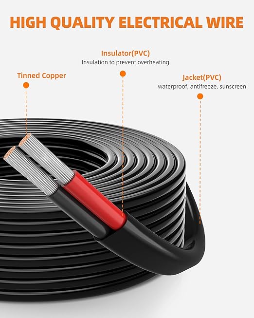 12 Gauge Wire, 12 AWG 2 Conductor Electrical Wire, Flexible/Oxygen-Free Tinned Copper/Stranded PVC 12/2 Cord for Automotive, Marine, LED Strips, Solar, RV, Lighting (50FT)