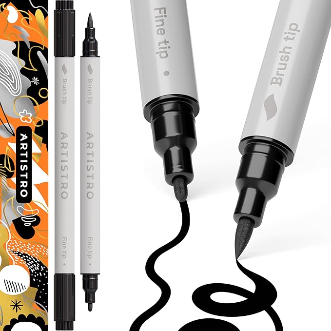 ARTISTRO 2 Black Dual-Tip Acrylic Paint Pens - Multisurface Markers for Glass, Rock, Fabric, Wood, Plastic & More - 1 mm Fine & Brush Tips