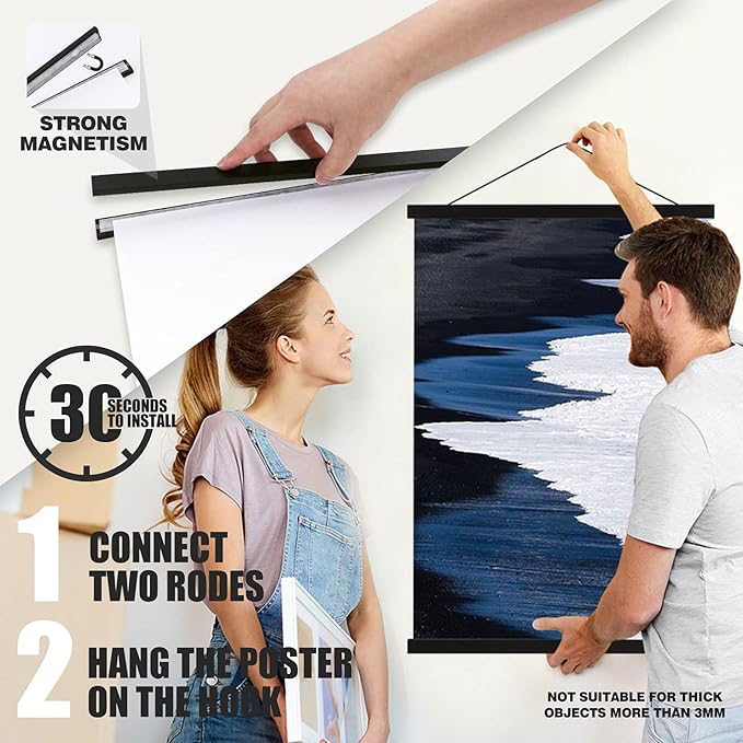 Ywlake Magnetic Poster Hanger, 28x22 28x40 28x20 Poster Frame Wood Wooden Magnet Print Posters Dowel Scroll Hanger Hangers Hanging Kit for Walls Map Canvas Artwork (Black, 28")