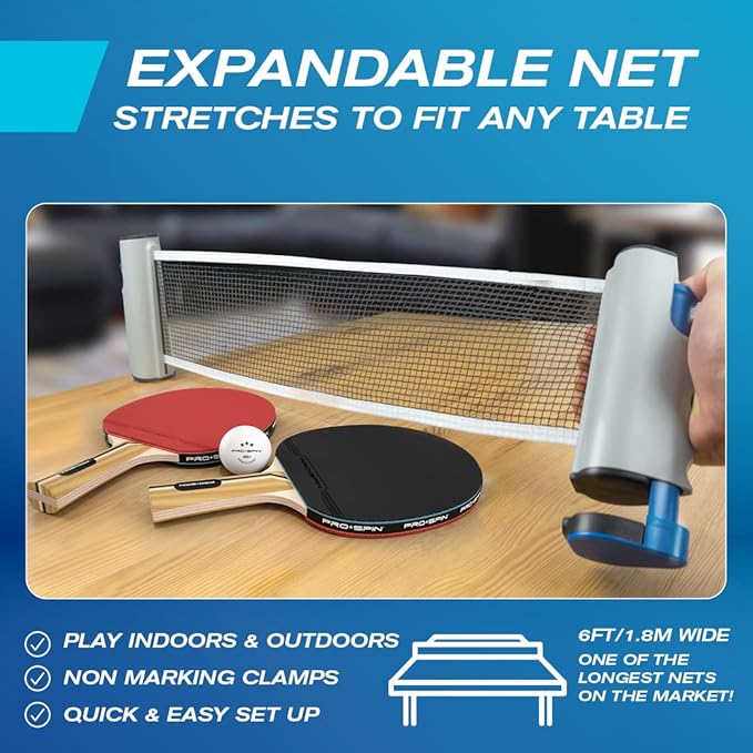 PRO SPIN All-in-One Ping Pong Set - Retractable Ping Pong Net for Any Table (72"), Ping Pong Paddles and Balls, Storage Case - Portable Table Tennis Family Games, Gifts for Boys & Girls