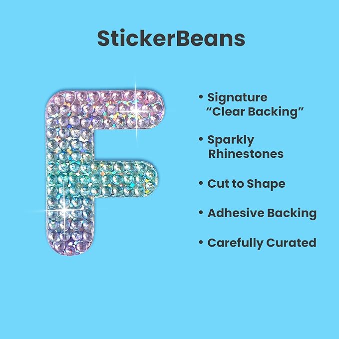 StickerBeans® Rhinestone Alphabet Letter Sticker F - Unique Sparkly Design 2” x 2” Cut-to-Shape Adhesive - Personalization, Collecting, Gifting, Scrapbooking, Decorating Laptops, Phone Cases, All Ages