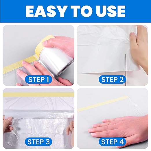 TAPEBEAR Pre-Taped Masking Film 22inch x 65feet(550mmx 20m), Plastic Cover for Painting, Tape and Drape, Plastic Sheeting for Automotive, Floor, Appliance and Furniture, 3Rolls