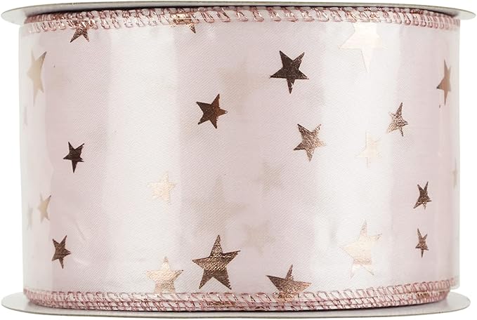 MEEDEE Rose Gold Star Satin Wired Ribbon - 2.5 Inch Pink Wedding Ribbon - 25 Yards Roll Christmas Decor