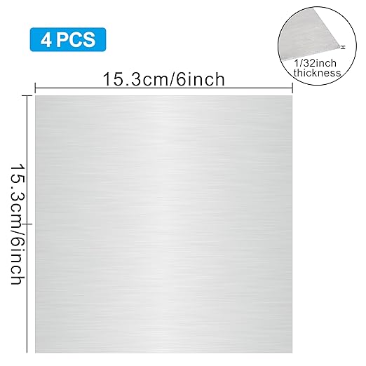 4PCS 6"x6"x1/32 Stainless Steel Metal Plates for Magnetic Mount Board Wall,Tickness 0.8mm 430 Stainless Steel Shim Stock Plates for Crafting, Kitchen, Office