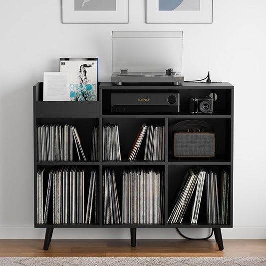 Cozy Castle Large Record Player Stand, Vinyl Storage Cabinet Mid Century Modern Turntable Stand Media Console Table Open Shelf Cube CD Album Holder Organizer for Living Room, Office, Black