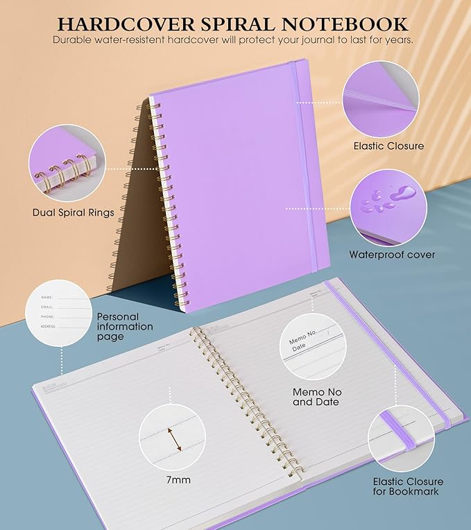 Spiral Notebook Journal 8.5” x 11”, A4 Large Notebooks for Women Men, College Ruled Lined Journal, 100 GSM Paper, Hardcover Spiral Bound Journals for Work School Writing Note Taking Business, Purple