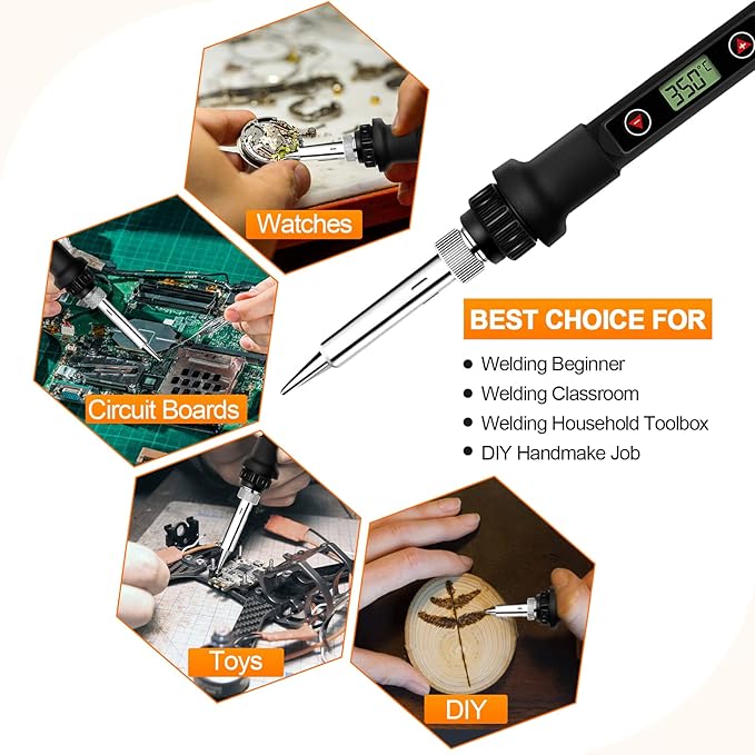 Soldering Iron Kit 80W LCD Adjustable Temperature 180-520℃ Solder Kit Electronics 13 in 1 Welding Tools with ON/OFF Switch, Solder Wire, Flux, 5 Soldering Tips, Desoldering Pump, Stand, Tweezers