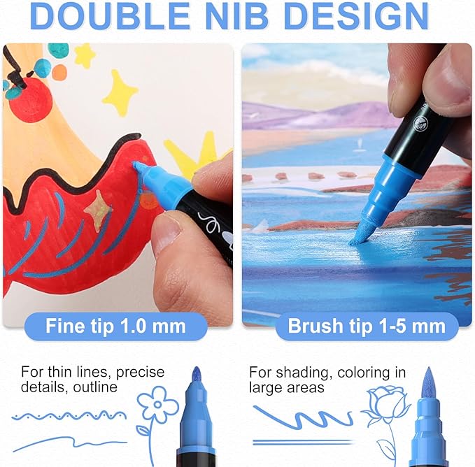 TOSAHRE Acrylic Paint Pens Markers 60 Colors Waterproof Dual Tip Acrylic Markers Set with Brush & Fine Tip Coloring Pens for Rock Painting Wood Scrapbook Fabric Glass Ceramic DIY Craft Art Supplies