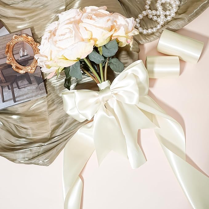 LaRibbons Ivory Satin Ribbon 4 Inch 10 Yards Double Faced Luxury White Cream Silk Ribbon for Gift Wrapping Flower Bouquets Bow Christmas Wedding Party Decoration