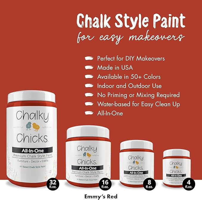 Chalky Chicks All-in-One Chalk Paint for Furniture or Cabinet - 8 Fl Oz - Matte Finish Emmy's Red (Orange Red) for Metal, Wood Furniture Paint - No Sanding All-in-One for Home Decor & Crafts, USA Made