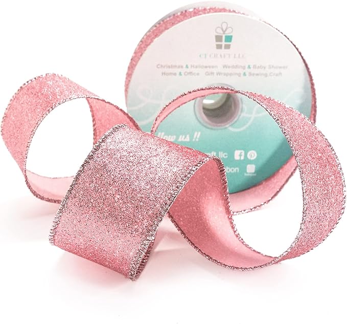 CT CRAFT LLC Glitter Wired Ribbon 1.5" x 10 Yards Rose Gold for Christmas Home Decor Bow Gift Wrapping DIY Crafts Wreath