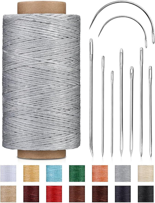 DIUDUS 218 Yards Waxed Thread, Upholstery Thread Heavy Duty for Hand Sewing with Heavy Duty Sewing Needles, Leather Repair kit for Furniture Shoes Bags Sofa (Light Gray)