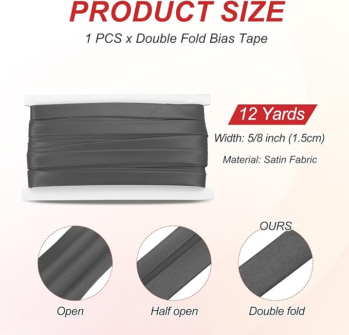 MECCANIXITY Double Fold Bias Tape for Sewing 5/8 Inch x 12 Yards Satin Pre-fold Continuous Binding Tape for Seaming Quilting Hemming Binding DIY Crafts, Dark Gray