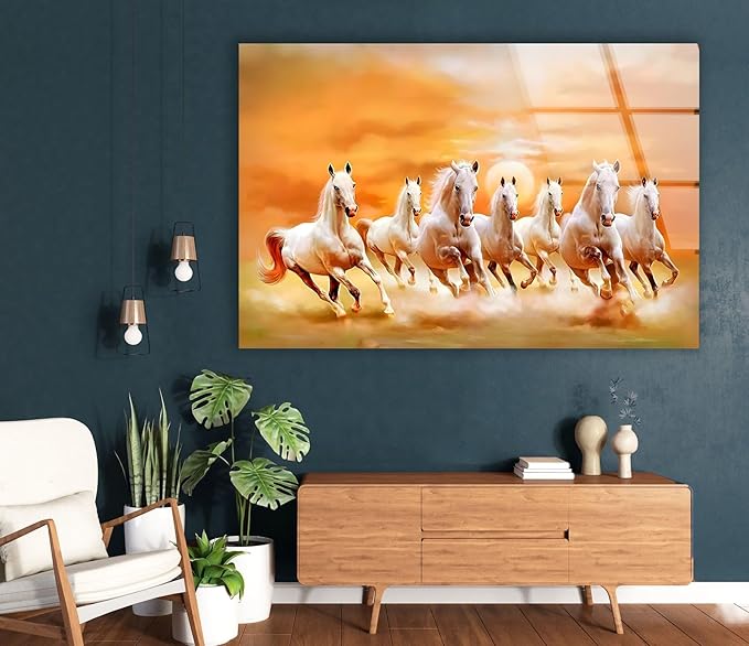 My Photostation.com 30Wx24H'' White Horses Running on Sunset Glass Wall ArtTempered Glass Printing Wall Decor Large Wall Art Wall Hangings