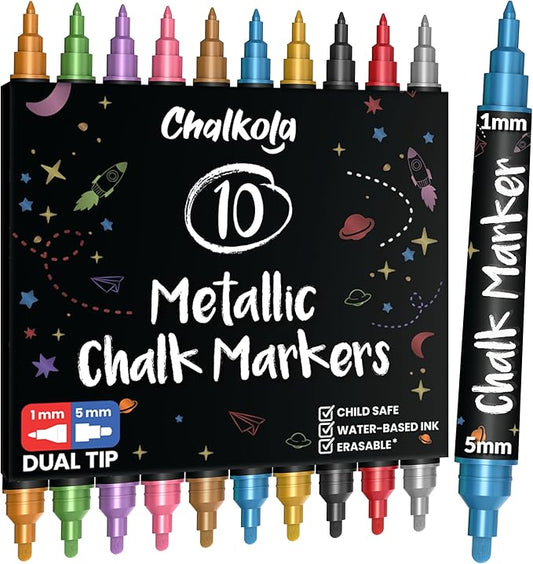Chalkola Dual Tip Liquid Chalk Markers for Blackboard (10 Metallic Colors, 1mm+5mm Fine, Bold) - Dry Erase Marker Pens for Chalkboards Signs, Car Windows, Glass, Mirrors - Erasable Chalkboard Markers