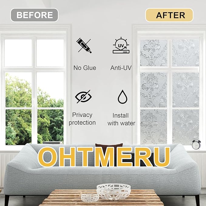 Window Privacy Film Decorative for Front Door, Bathroom Static Cling Stained Glass Sticker Opaque Heat Control UV Blocking Non-Adhesive for Home Windows, Damask