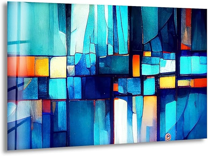 My Photostation.com 60WX40H'' Blue Vibrant Stained Glass Wall ArtTempered Glass Printing Wall Decor Large Wall Art Wall Hangings