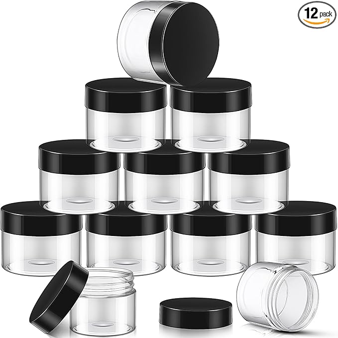SATINIOR 12 Pack 16 oz Plastic Container Jars with Lids Round Clear Travel Cosmetic Container Slime Jars for Toiletries, Lotion, Cream, Ointments, Makeup, Rhinestone, Samples, Kitchen Storage(Black)