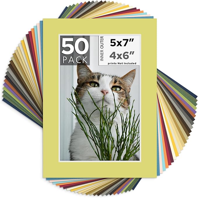 Mat Board Center, Pack of 50, 5x7 for 4x6 Mixed Color Mats - Acid Free, 4-ply Thickness, White Core - for Pictures, Photos, Framing