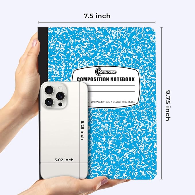 Rosmonde 12 Pack Bulk Composition Notebook Wide Ruled, 200 Pages (100 Sheets), 9-3/4 x 7-1/2", Hard Cover Wide Ruled Notebook Bulk, Assorted Colors Composition Notebook For School, Colors May Repeat