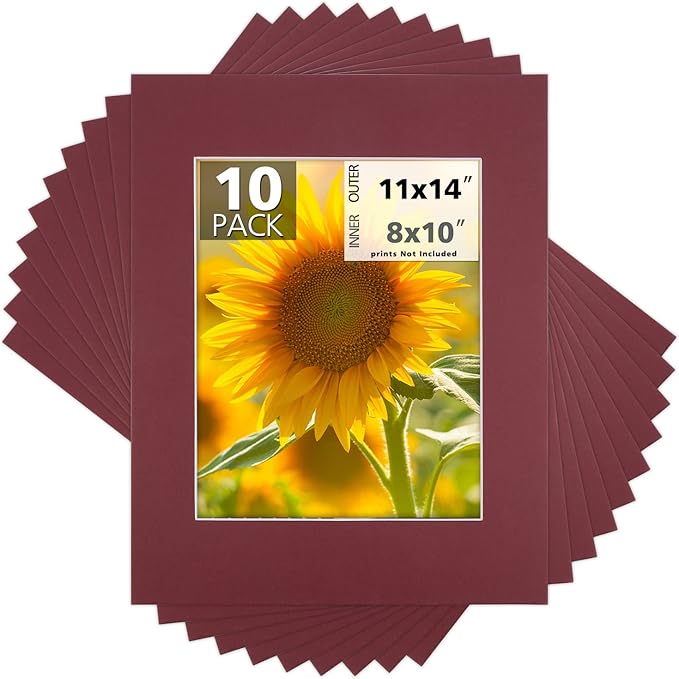 Mat Board Center, Pack of 10, 11x14 for 8x10 Maroon Color Mats - Bevel Cut, Acid Free, 4-ply Thickness, White Core - for Pictures, Photos, Framing