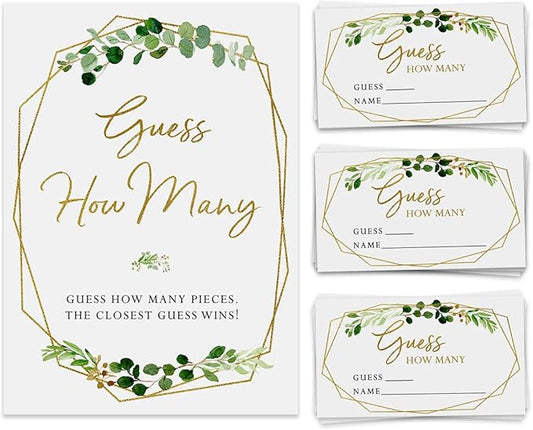 Printed Party Candy Guessing Game, Guess How Many, Greenery, 50 Cards and Sign