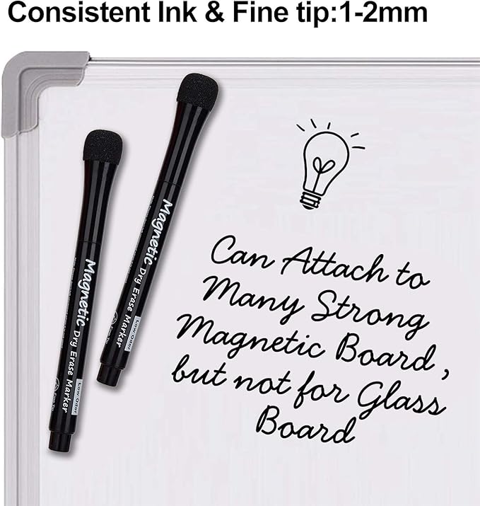 Browill Magnetic Dry Erase Markers, (12 pk) Dealkits Low Odor White Board Markers with Erasers for Kids Teacher Supplies for Classroom Work on White Board, Calender, Fine Tip Point, Black
