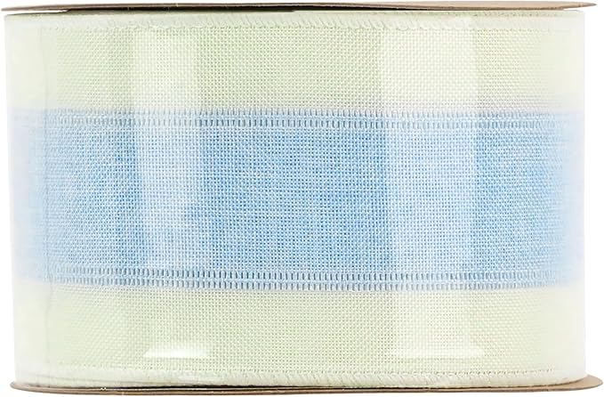 MEEDEE Blue and White Stripe Ribbon Wired Ribbon 2.5 Inch Light Blue Burlap Ribbon with Ivory Stripe Edge Wreath Supplies, Baby Shower Decorations, Crafts Bow Making (10 Yards)