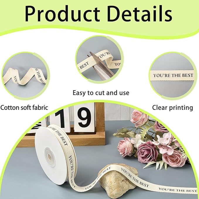 Cotton Herringbone Ribbon - Natural Twill Tape for Custom Gift Wrapping & DIY Crafts-5/8 Inch x 15 Yards - You're The Best Printed Phrase