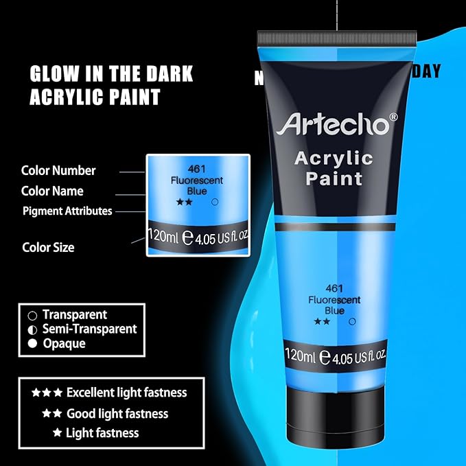 Artecho Glow in the Dark Paint, Neon Yellow Paint (120ml / 4.05oz) Tubes, Art Craft Paints for Canvas, Rock, Stone, Wood, Fabric, Art Supplies