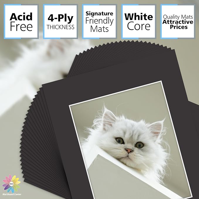Mat Board Center, Pack of 25, 11x14 for 8x10 Black Mats - Acid Free, 4-ply Thickness, White Core - for Pictures, Photos, Framing