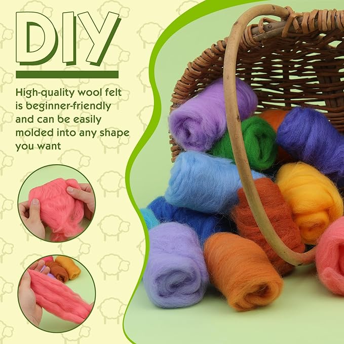 WONVOC 54 Colors Needle Felting Wool, 9.5oz/270g Roving Yarn, Wool Roving Bulk, Wool Roving for Needle Felting, Felting Wool Assorted Colors