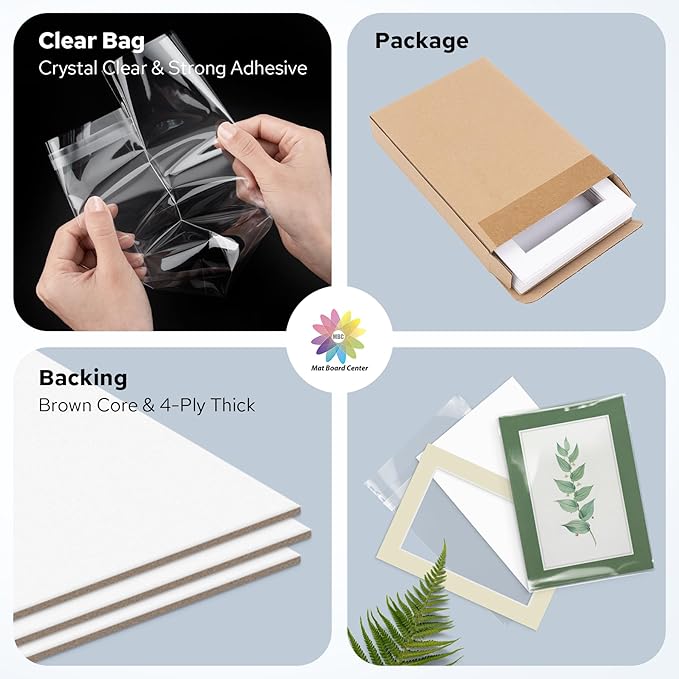 Mat Board Center, Pack of 10, 5x7 for 4x6 Mix Color Mat Kit - Acid Free, 4-ply Thickness, White Core - Includes Backing Boards and Clear Bags - for Pictures, Photos, Framing