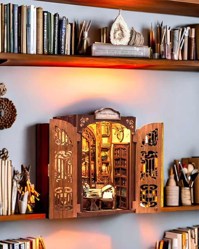 Fsolis Book Nook Kit, DIY Miniature Dollhouse Kit 3D Puzzles for Adults and Beginners, 127 Wooden Pieces, Tiny House Mini Booknook Craft Bookshelf Decor, Gifts for Women Book Lovers(Bookshop Memory)