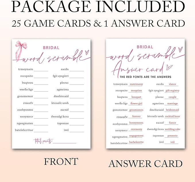 Bridal Shower Games Cards, Bridal Word Scramble, 25 Cards with 1 Answer Card, Engagement Party Games for Guests, Pink Ribbon Bow Wedding Party Supplies - E14