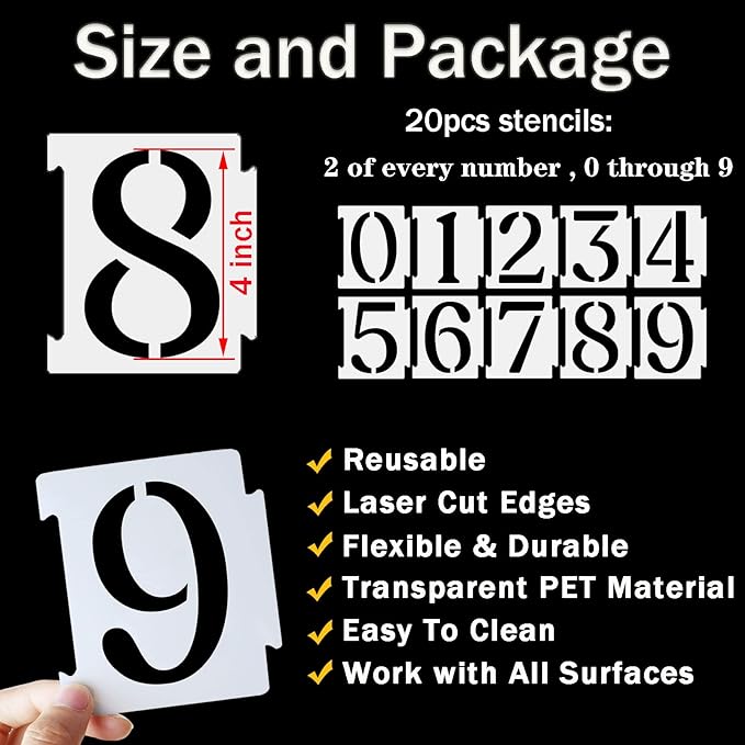 YEAJON 4 Inch Curb Stencil Kit 0-9 Address Number Stencils, 20Pcs Reusable 14 Mil Mylar Plastic Templates for Painting on Road, Wall, Wood, Mailbox