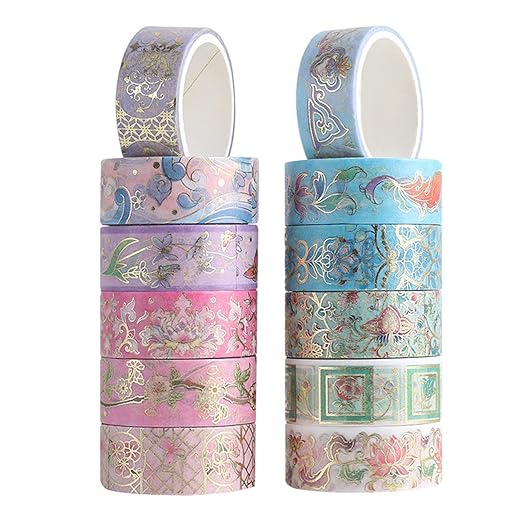 12 Rolls Floral Washi Tape Set, Gold Foil Flower Washi Tape, Botanical Washi Tape for Scrapbooking, Bullet Journal, Planner, DIY Crafts, Gift Wrapping