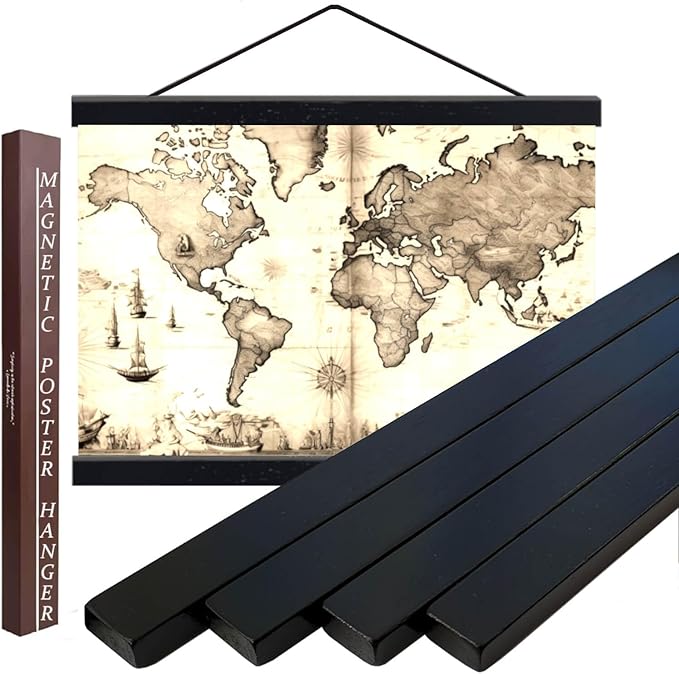 DACRI HOME 28" Wide Teak Magnetic Poster Hanger, 28x22 28x36 28x40 Wood Poster Frame for Picture Canvas Print Map Scroll Wall Art Hanging, (28 Inch, Black)
